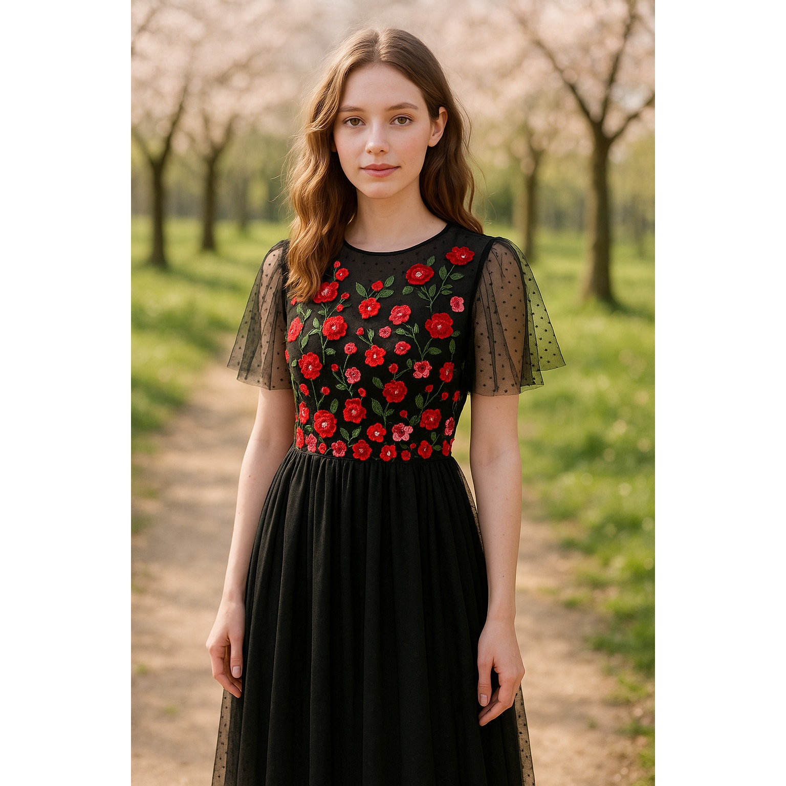 Ivy City Co Floral Embroidered Short Sleeve Tulle Lace Midi Dress Black Small