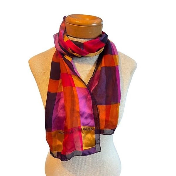 Adrienne Vittadini Multicolor 100% Silk Scarf With Geometric Pattern Made In Chi