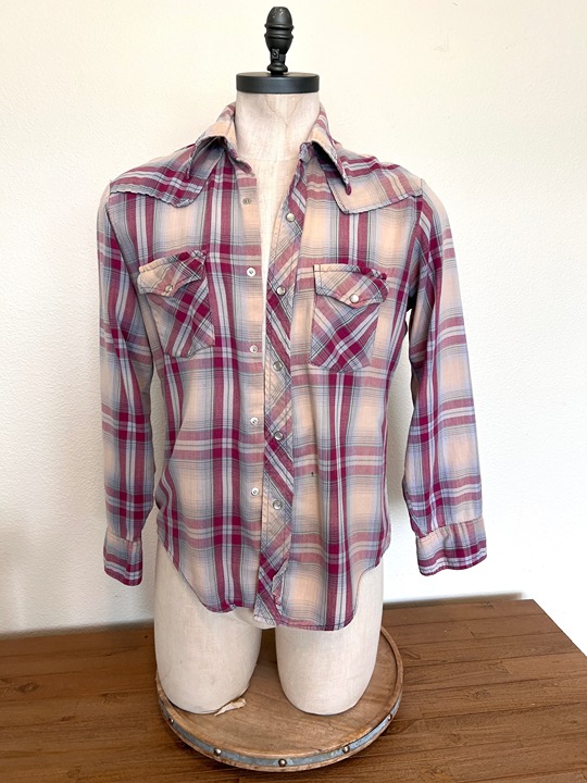 80's Western Flannel - Pear Snaps - Lightweight - Size Large - Red & Gray Plaid