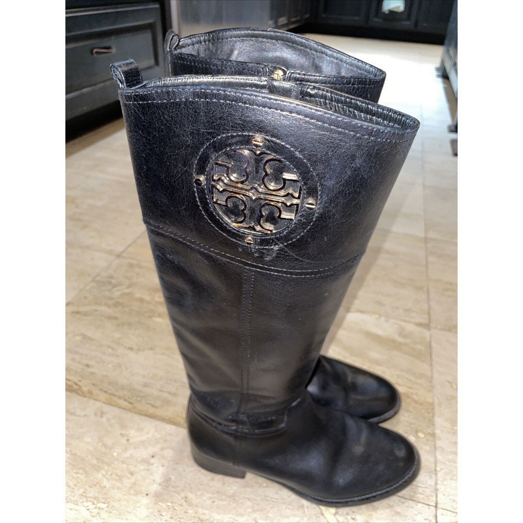 Tory Burch Womens Boots Size 8.5 M Black Leather Kiernan Riding Logo