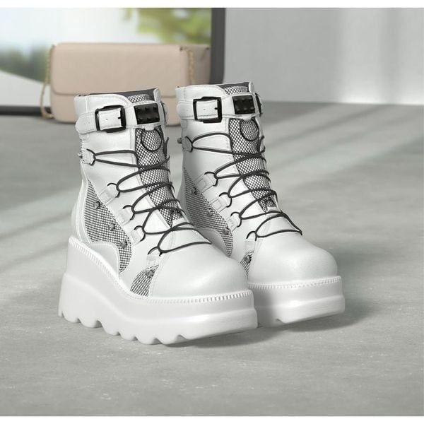 Tscoyuki Platform White & Black Ankle Boots for Women Chunky High Heel Booties G