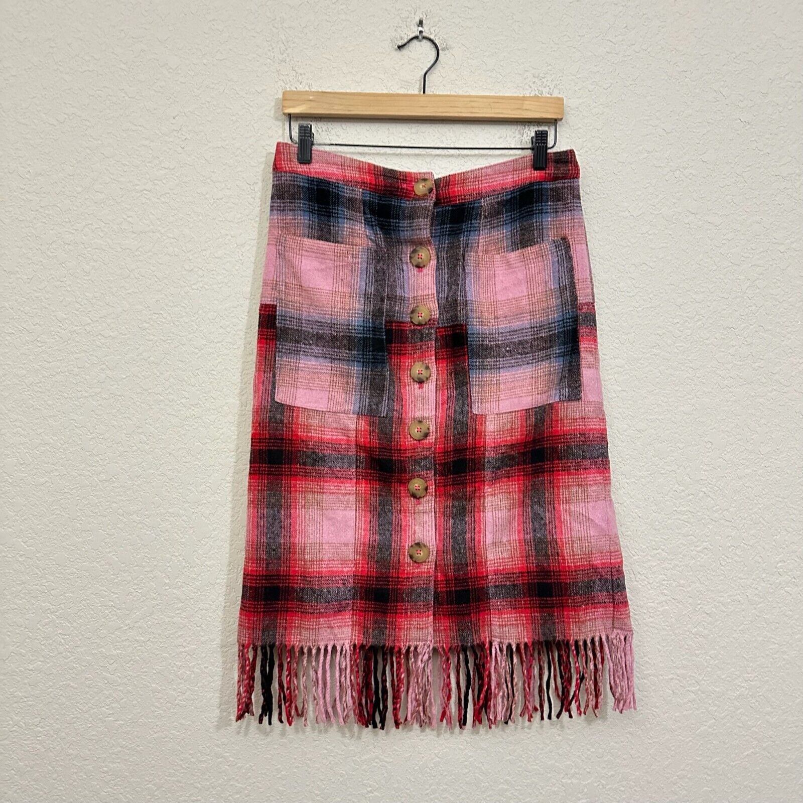 ANTHROPOLOGIE MAEVE Fringed Plaid Mini Skirt Pink Combo Flannel Western