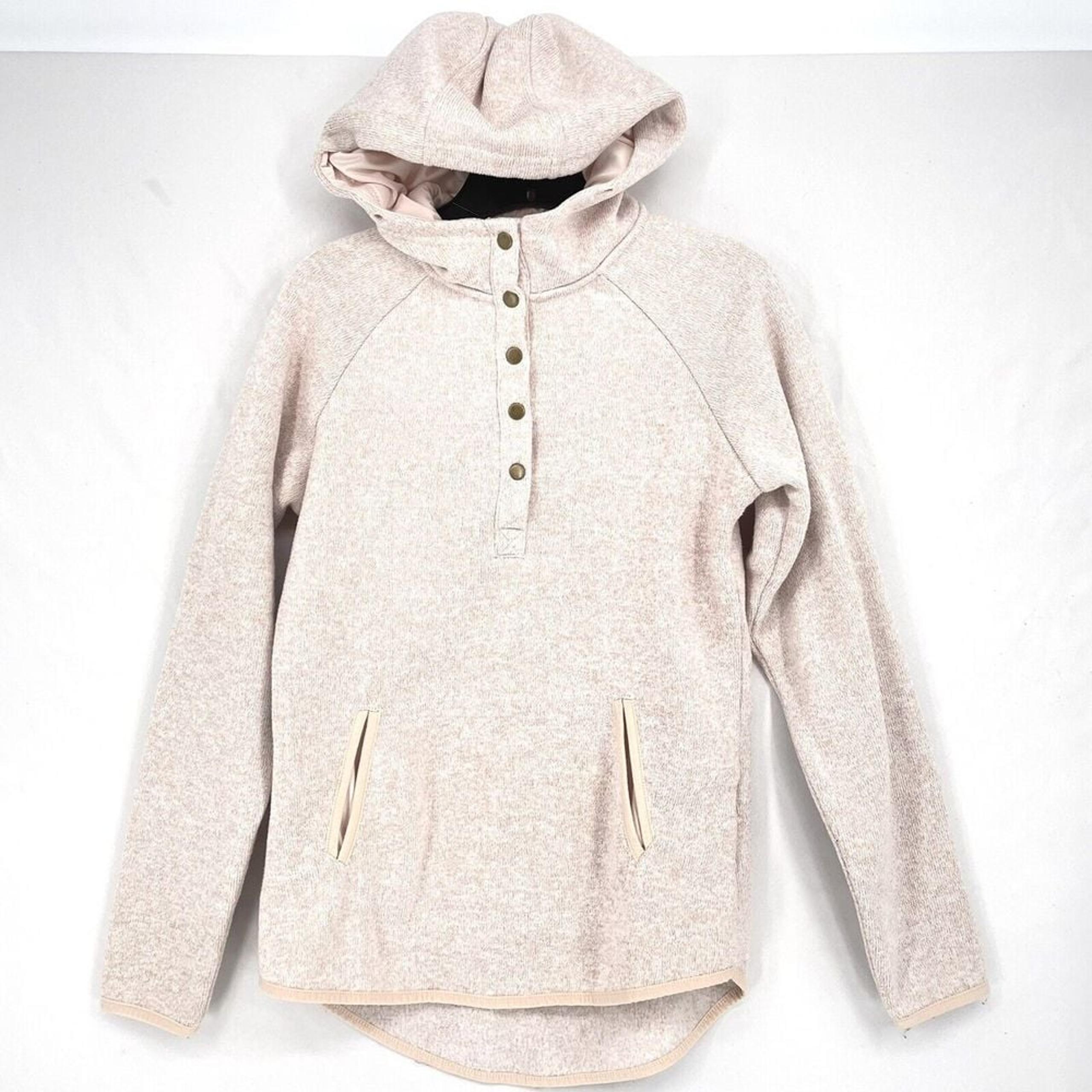 Thread + Supply 1/4 Snap Fleece Hooded Pink Cream Sz S Pockets Warm Sweater Top