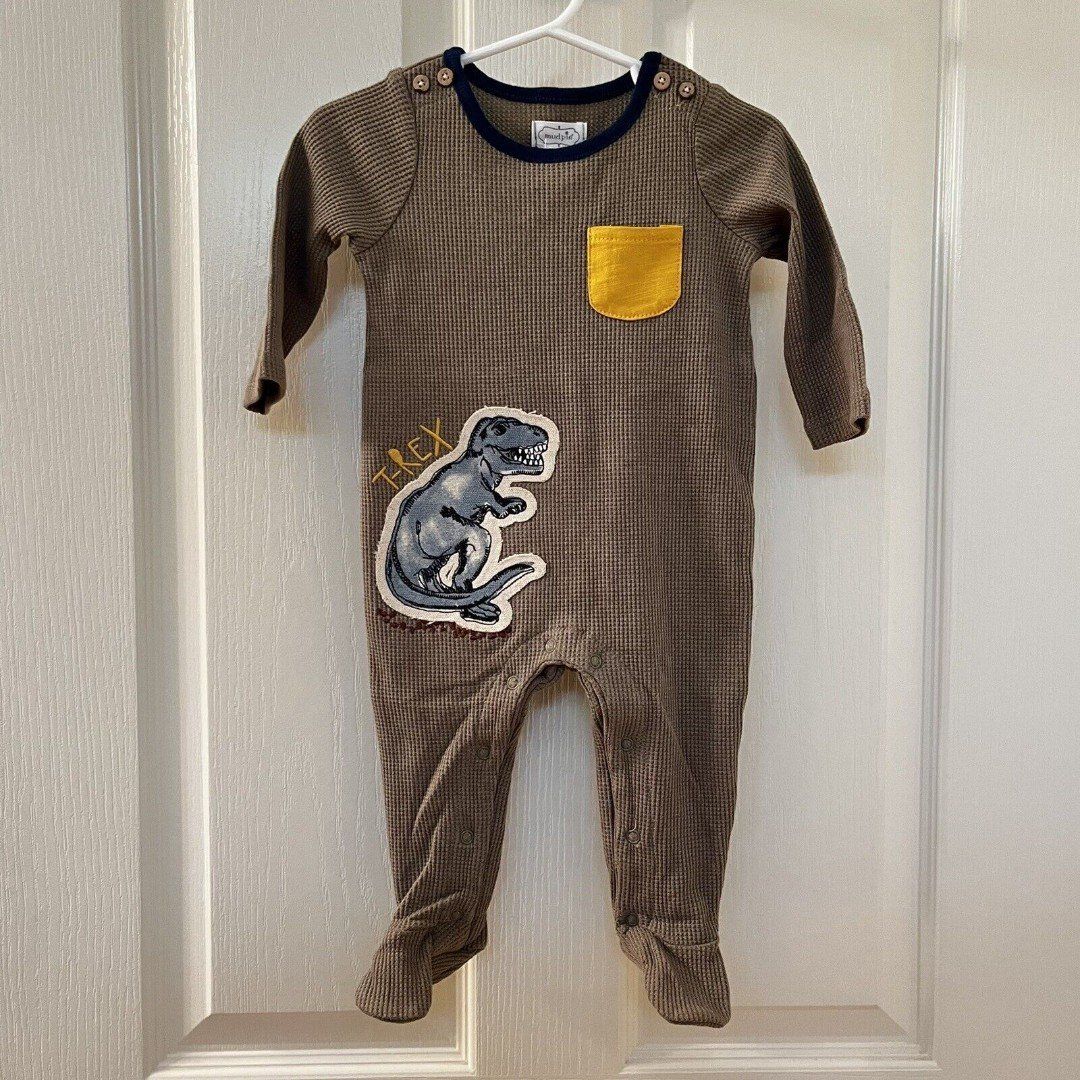 Mud Pie Dino Dinosaur T-Rex Applique Waffle Knit Sleeper Footie Boys 3-6 Mos NWT