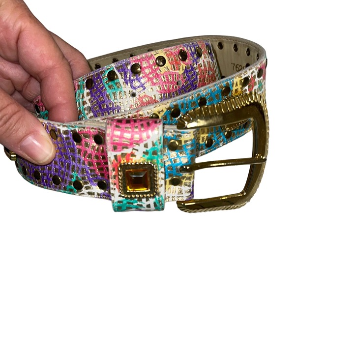 Vintage Womens Belt Size Large Multicolor Metallic Leather Rhinestone