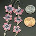 Vintage Sterling Silver Pink Purple Enamel Triple flower & Pearl Dangle Earring