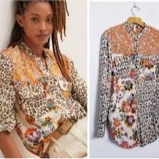NWT Anthropologie Pilcro Multi Pattern Animal Floral Button Down Top Size XS