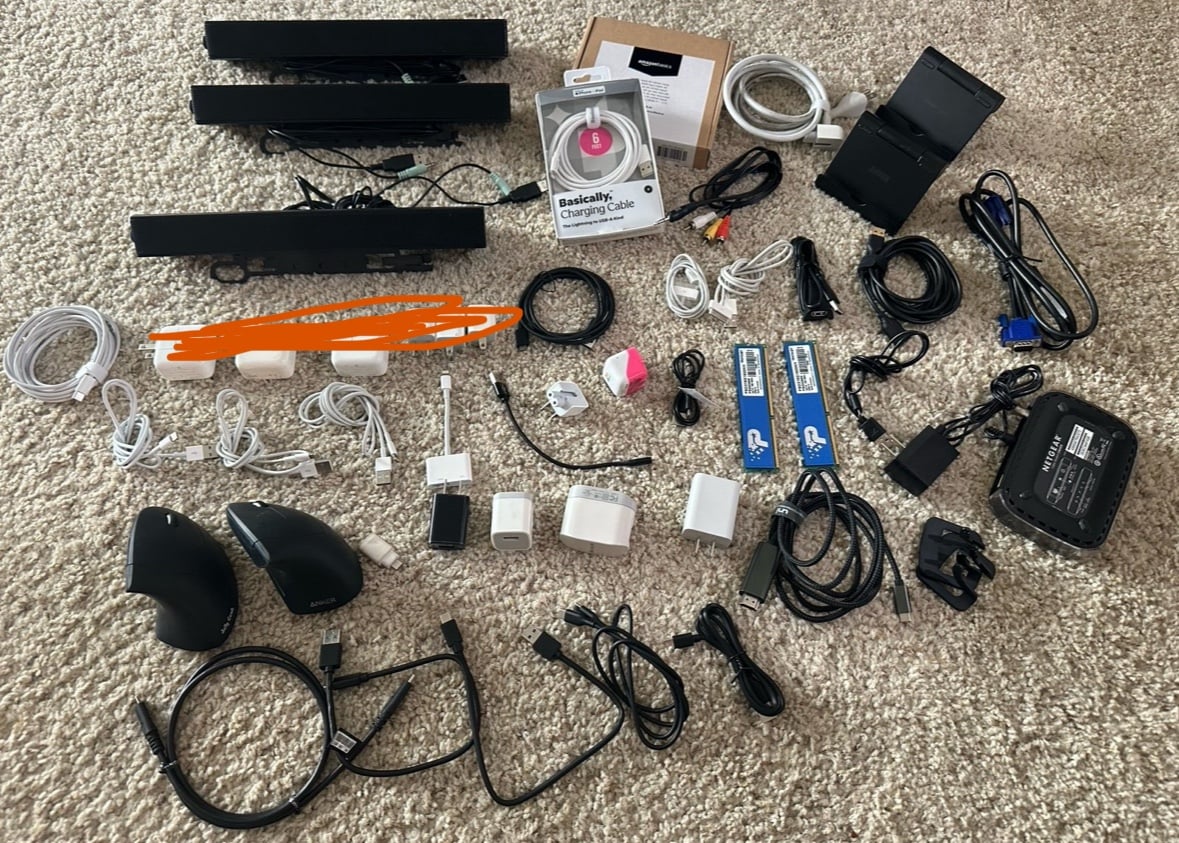 Assorted chargers, cables, speakers, etc.