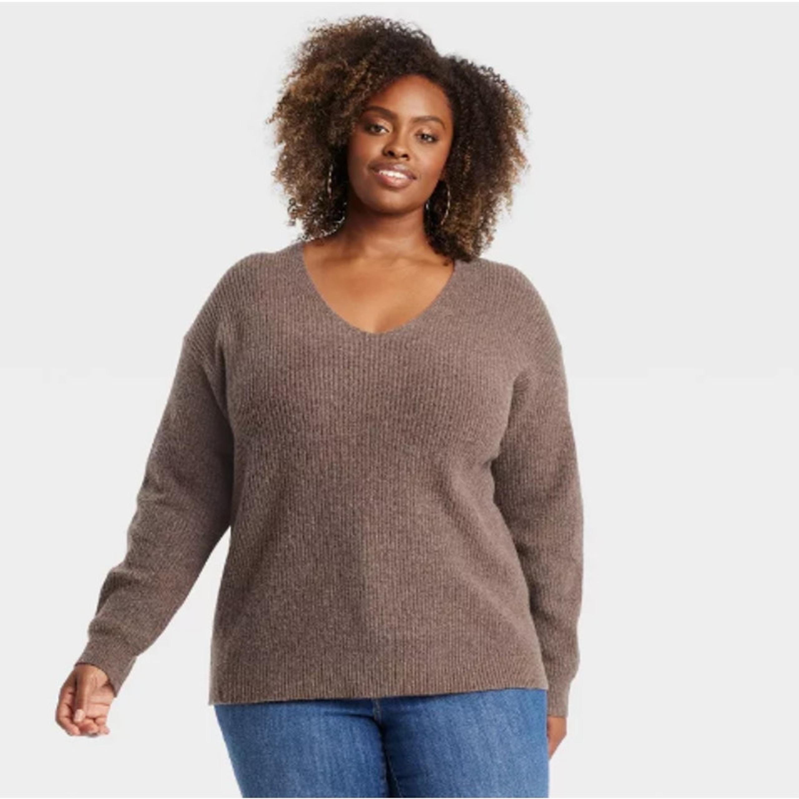Ava & Viv Women V-Neck Soft Cozy Ribbed Knit Pullover Sweater Size 1X Brown NWT