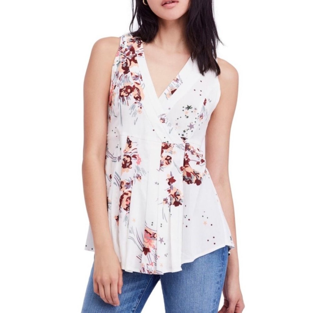 Free People New Size S Ivory Back to the Basics Floral Print Wrap Tunic Blouse