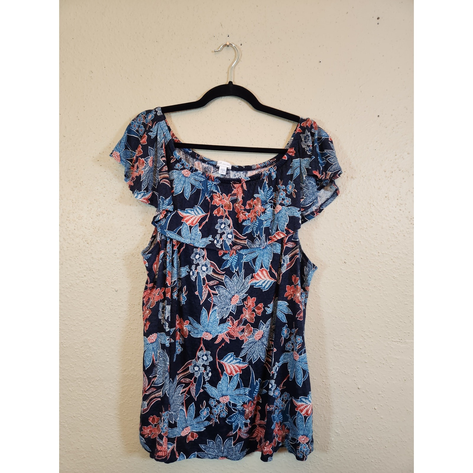 J. Jill Love Linen Navy Blue Red Floral Print Ruffle Tiered Blouse Top Size 3X