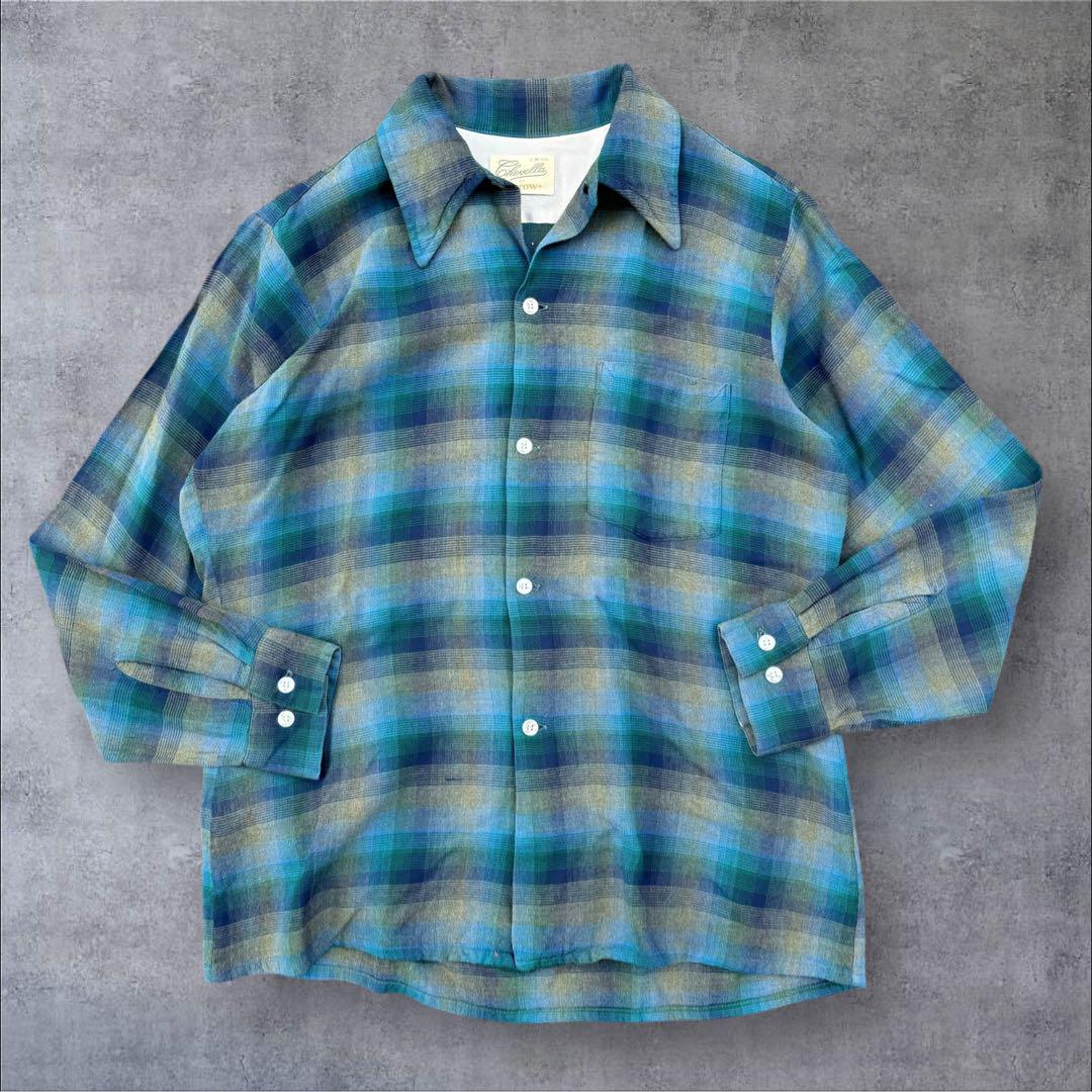 60s 70s Arrow Shadow Check Ombre Rayon Shirt