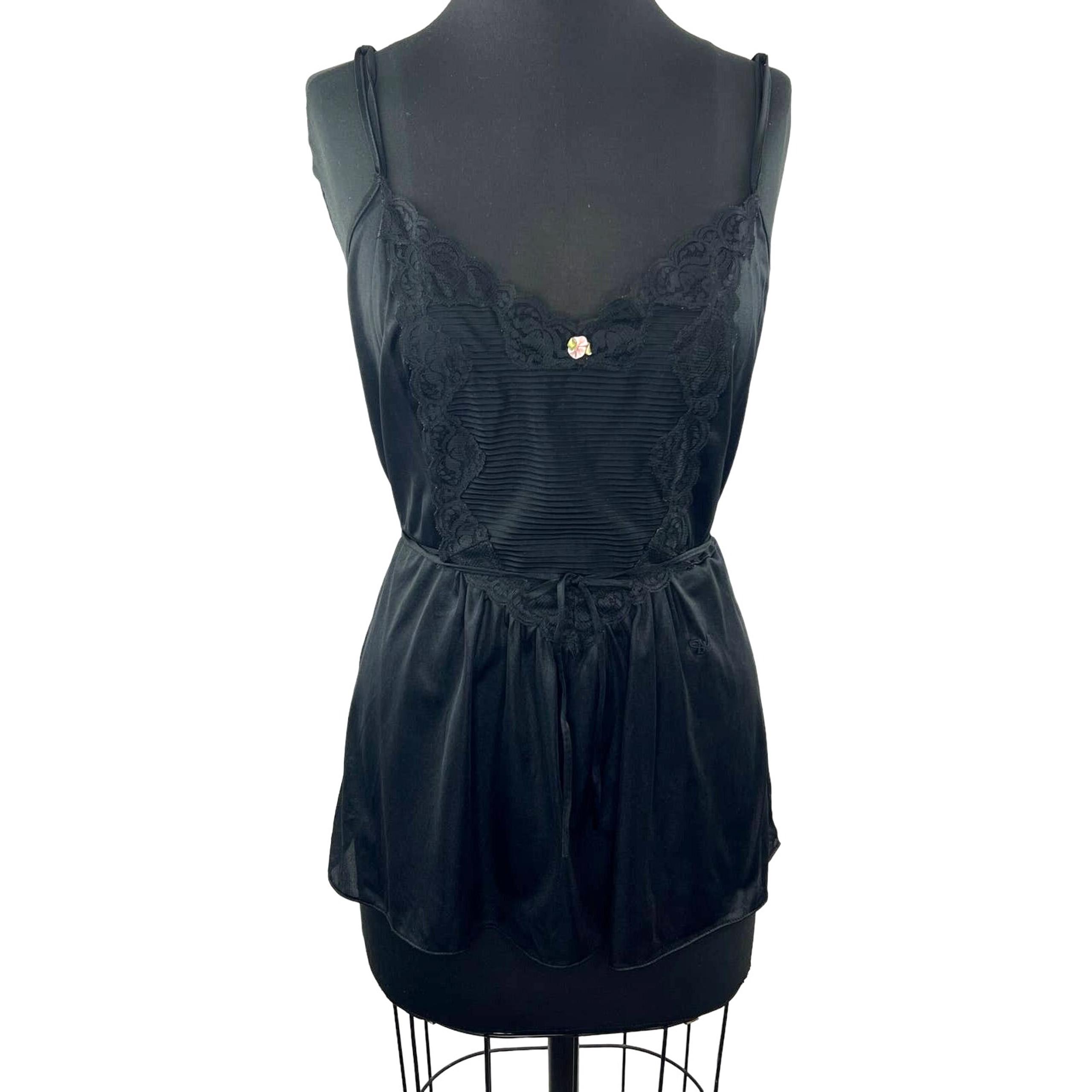 VINTAGE DVF Diane Von Furstenberg Black Nylon V-Neck Lace Tie Lingerie Nightie M