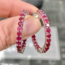 Genuine 3 Carat Ruby Inside Outside Hoop Earrings 925 Sterling