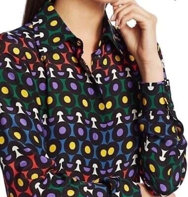 Alice + Olivia Willa Color Placket Silk Blouse in Large Rainbow Dot.