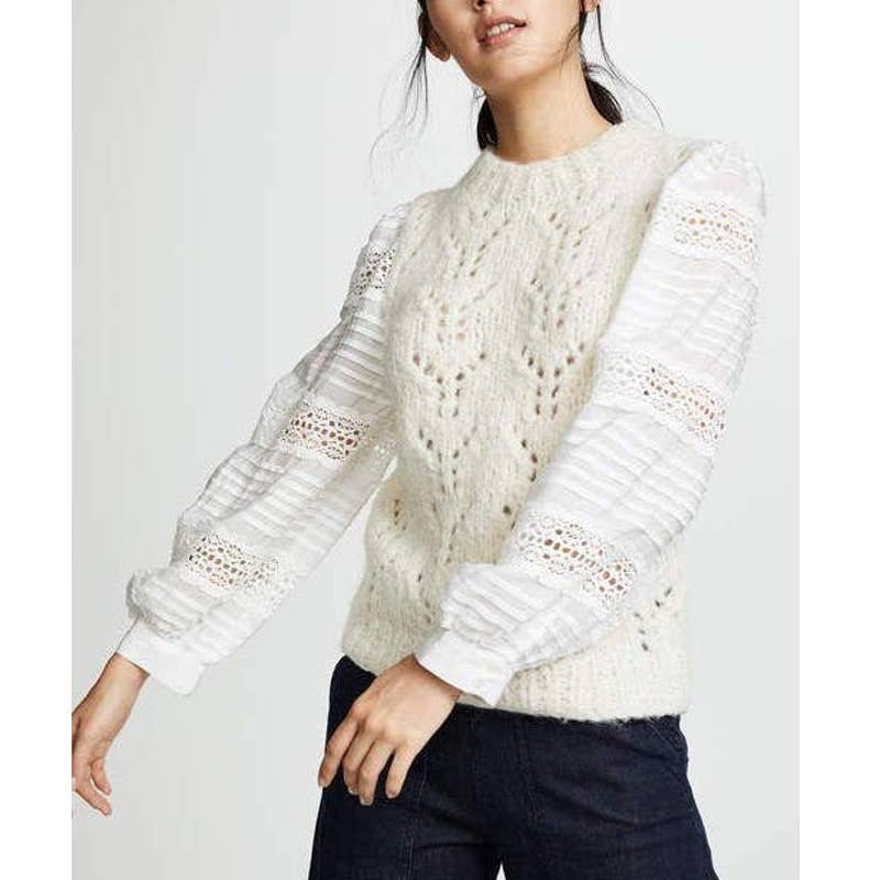 Sea Ellie Lace Combo Wool and Alpaca Blend Knit Sweater in Cream Size Small