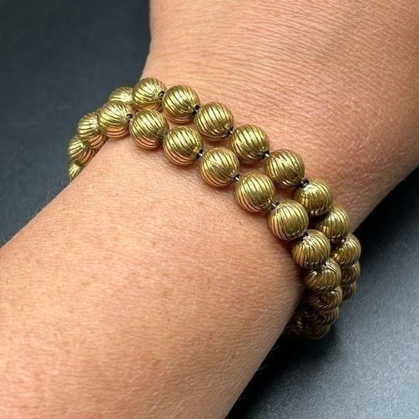 VTG Signed Bergere Double Strand Gold Textured Beaded Bracelet, 8”