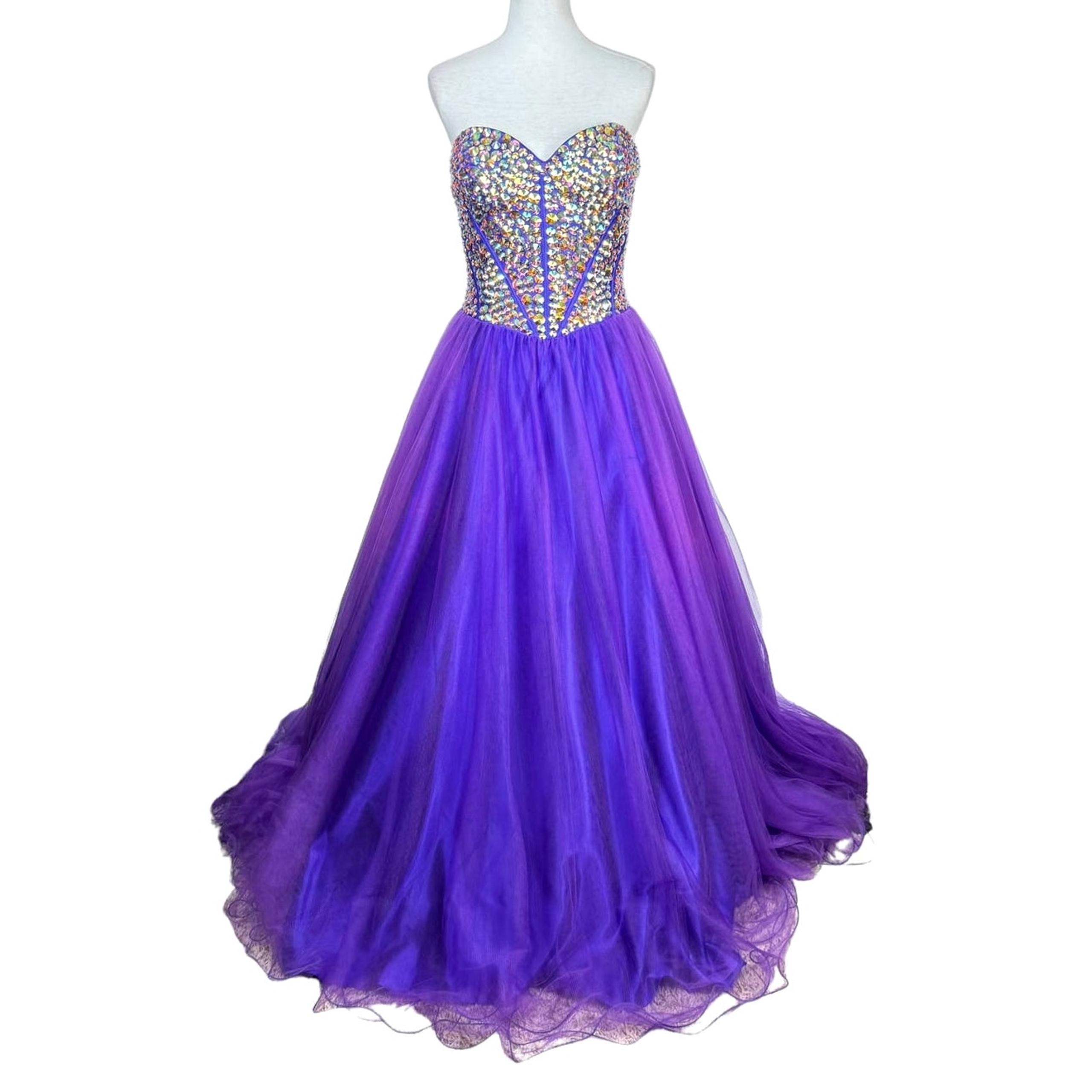 Jovani 90131 Purple Tulle Gem Embellished Corset Strapless Ball Gown Prom Dress