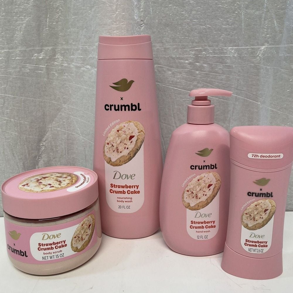 Dove X Crumbl Strawberry Crumb Cake Body Scrub Lotion Soap Deodorant Set Of 4
