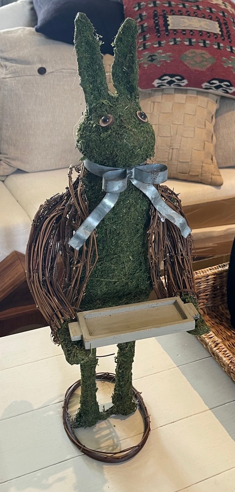 23” Moss & grapevine Standing Easter Bunny with serving tray