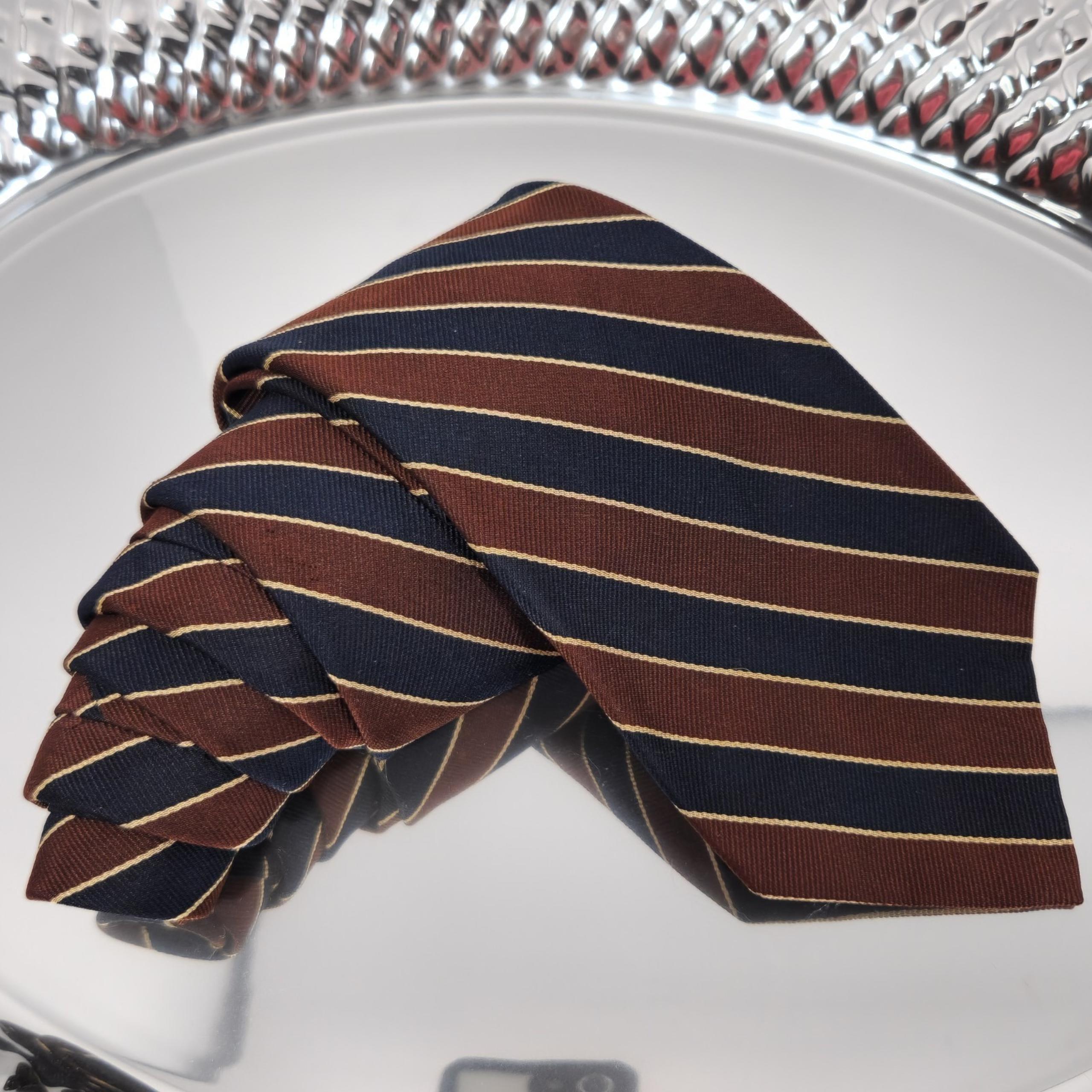 Vintage Ram Tie Makers Striped REPP Navy Blue & Brown Polyester/Silk Blend 59x3½