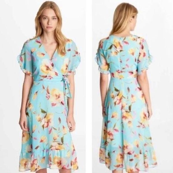 Karl Lagerfeld Paris Blue Floral Faux Wrap Midi Dress