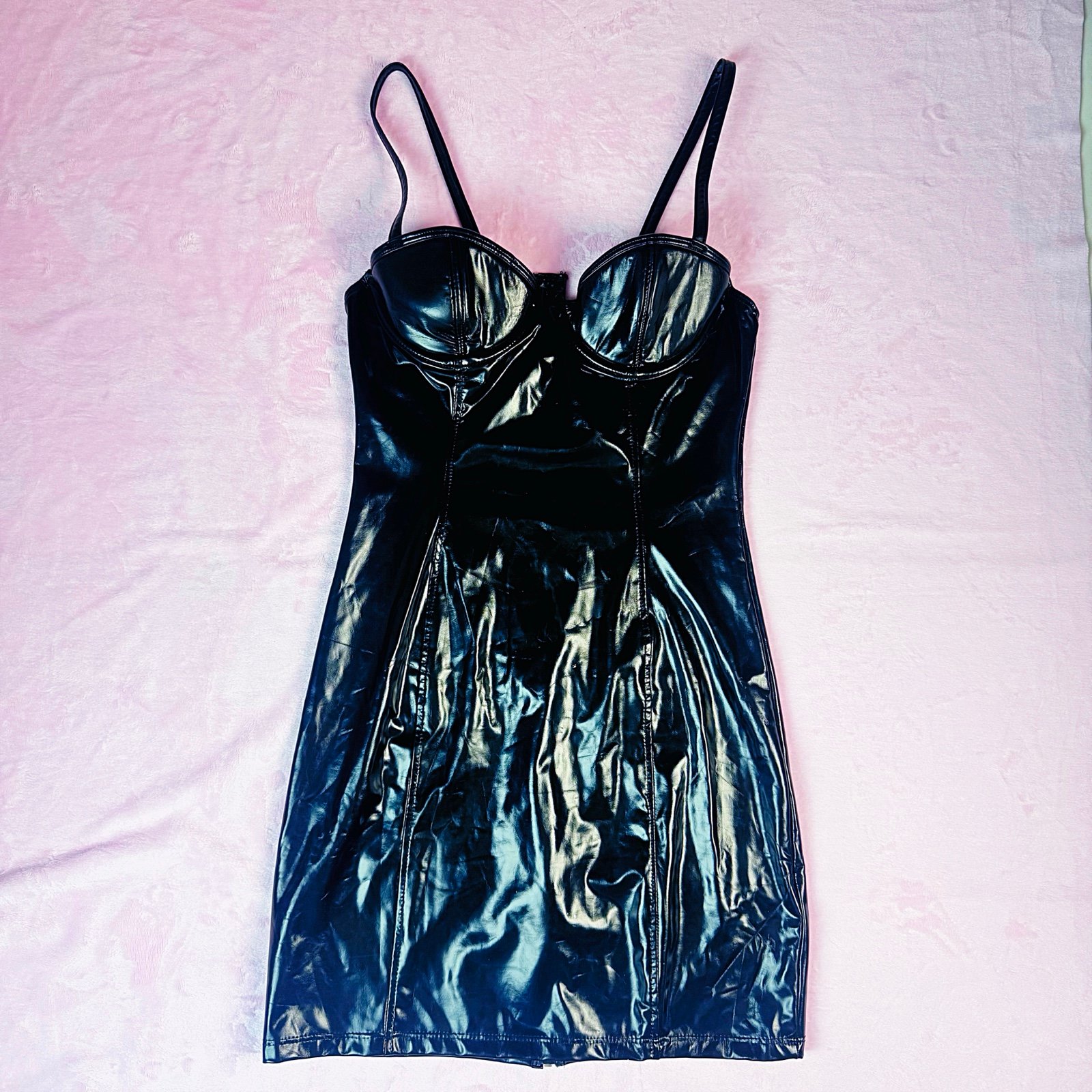 Vintage Frederick’s of Hollywood Faux Leather Corset Dress M Black Y2K Bodycon
