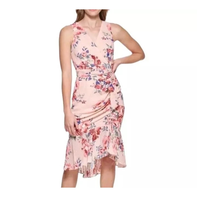 Eliza J Ruched Chiffon High Low Faux Wrap Dress Sleeveless Floral Size 16 NWOT