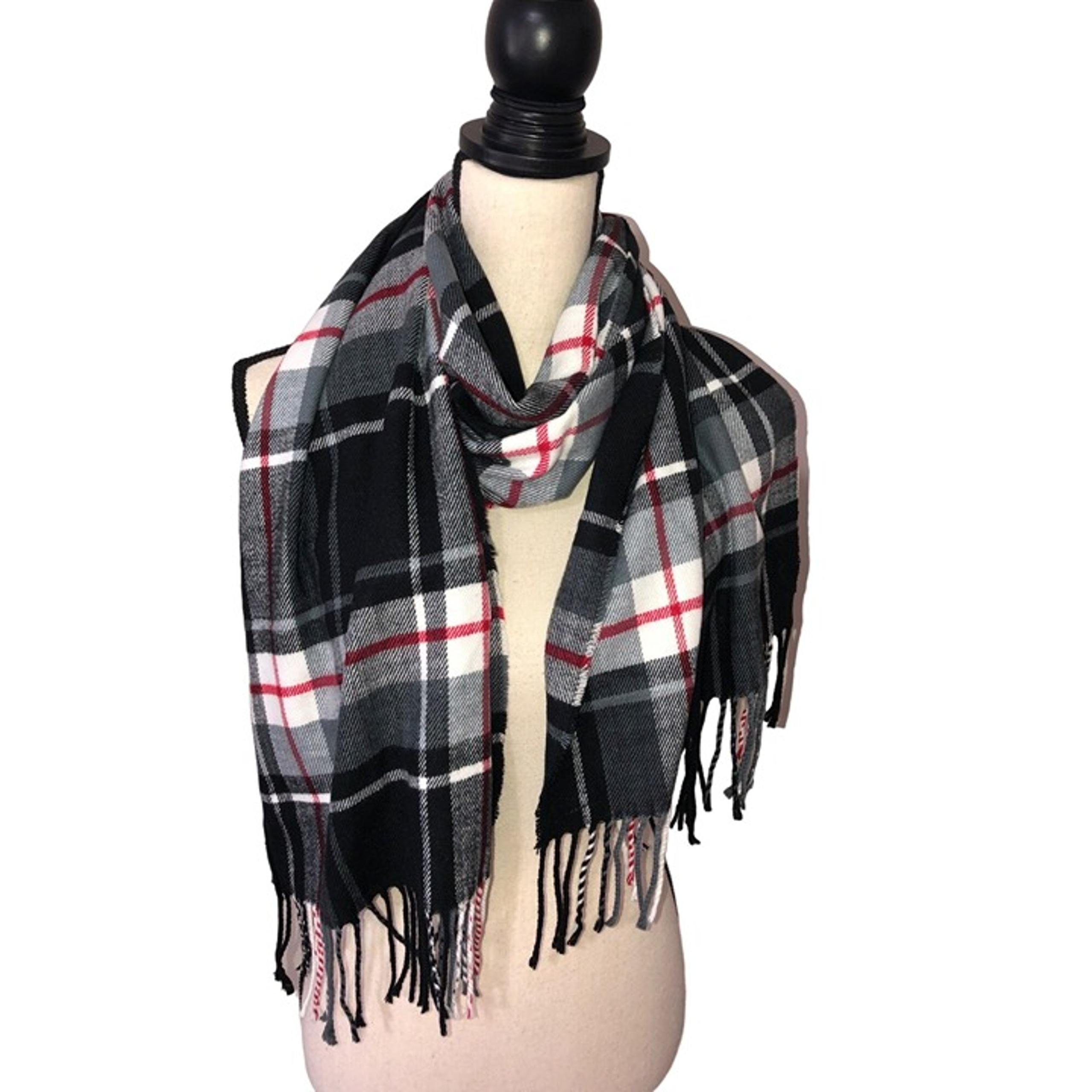Lands End Scarf Plaid Soft Black White Red Fringe Winter Fall Unisex
