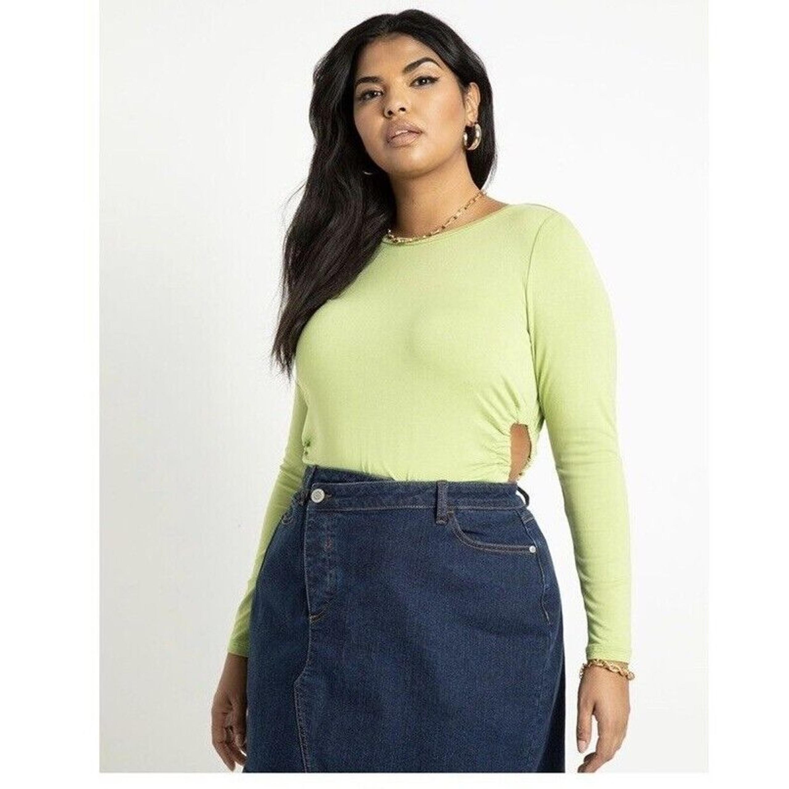 New Eloquii Womans Sz 22/24 Blouse Long Sleeve Ruched Cutouts Green Stretch NWT