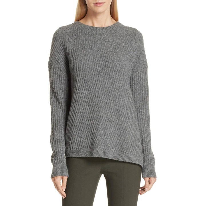 Vince Side-Slit Ribbed Wool Crewneck Pullover Sweater In Gray Size Small