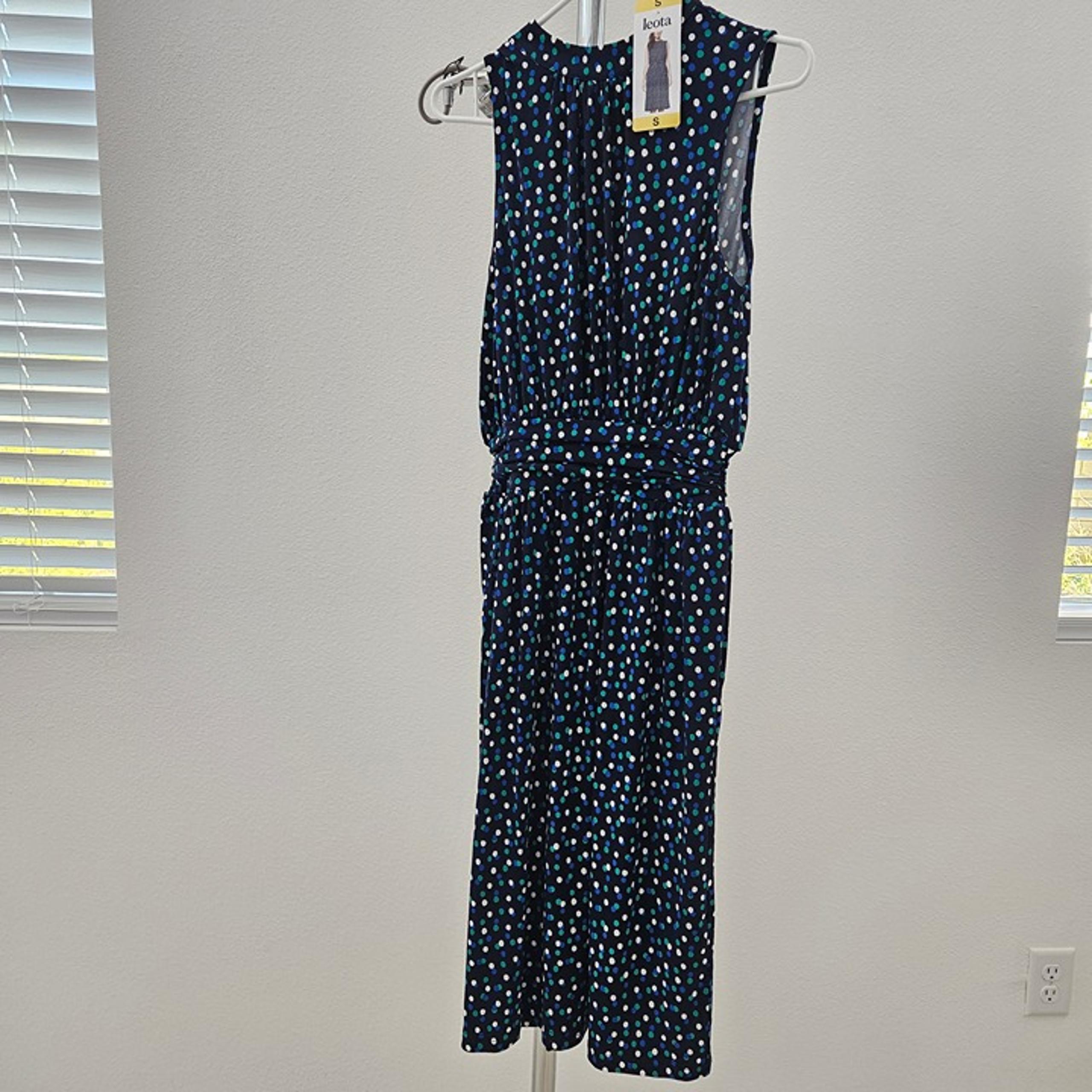 Leota Ladies' Aria Sleeveless Geometric Midi Ruched Waist Dress, Blue, Small