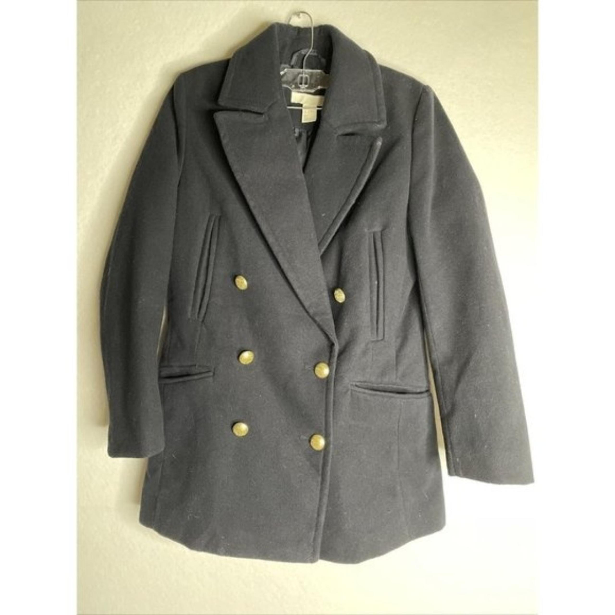 Women's H&M Double-Breasted Faux-Wool Peacoat Black Gold Buttons Size 4 jacket