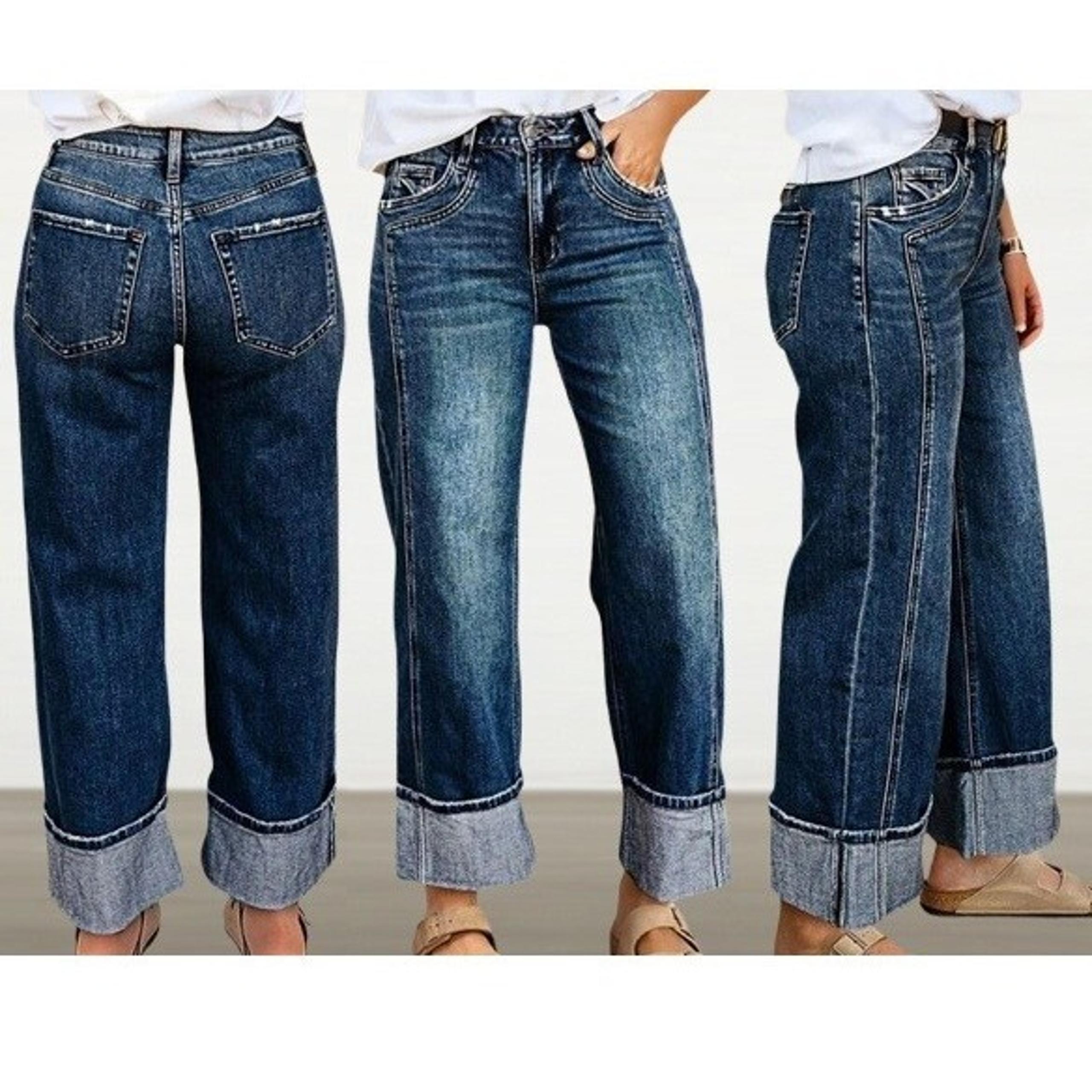 Flamingals Mid Rise Straight Leg Baggy Jeans for Women Plus Size High Stretch L