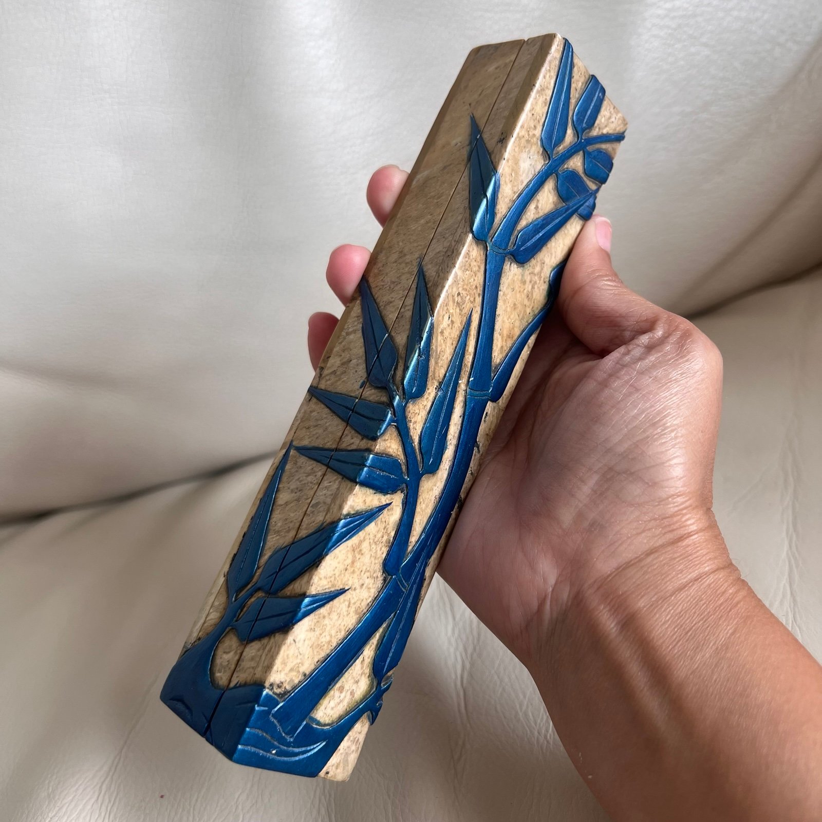 Vintage Carved Marble Asian Bamboo Motif Jewelry Trinket Box