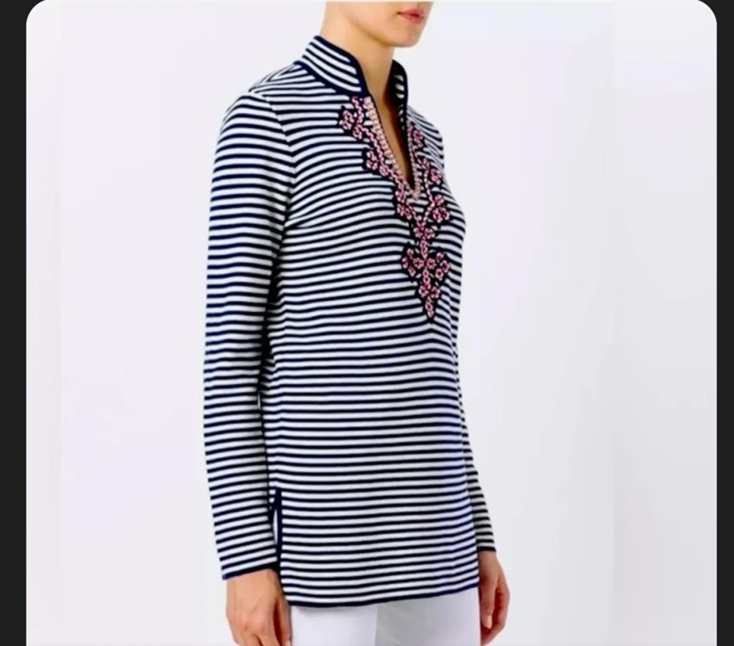 Tory Burch Katama Nautical Stripe Tunic Women size Small Embroidered Floral