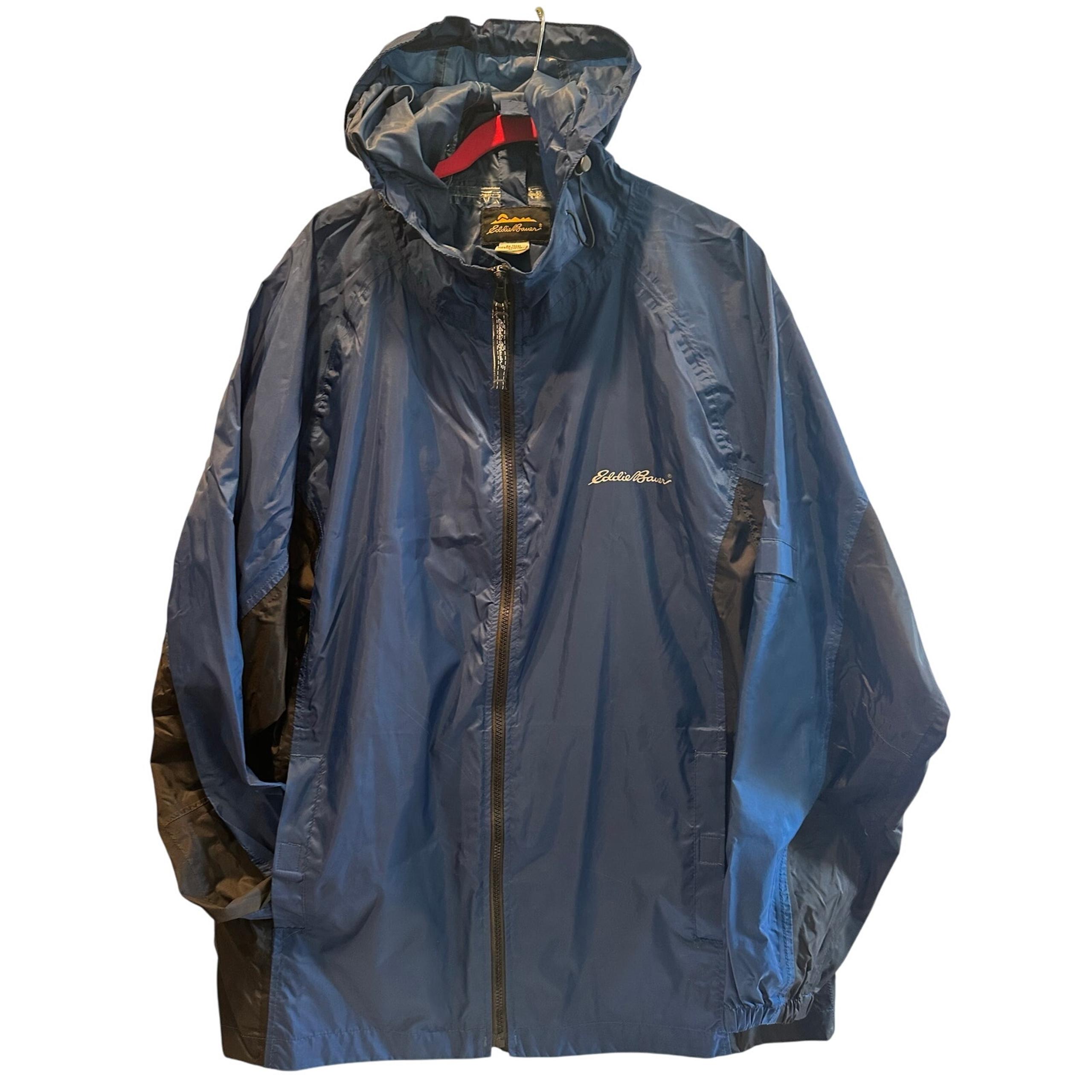 Eddie Bauer Jacket Men XL Blue Rain Coat Windbreaker w/ Hood Lightweight VINTAGE