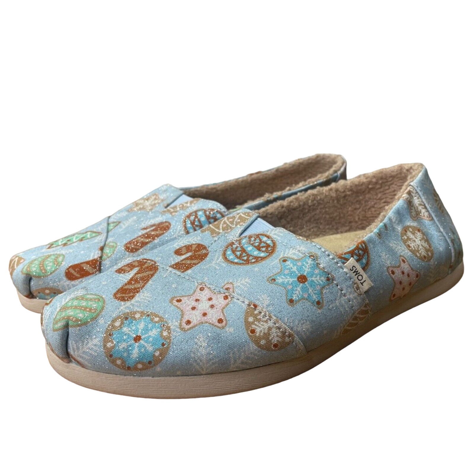 TOMS Womens Shoe Size 6 Baby Blue Glitter Sugar Cookies Print w/Faux Shearling