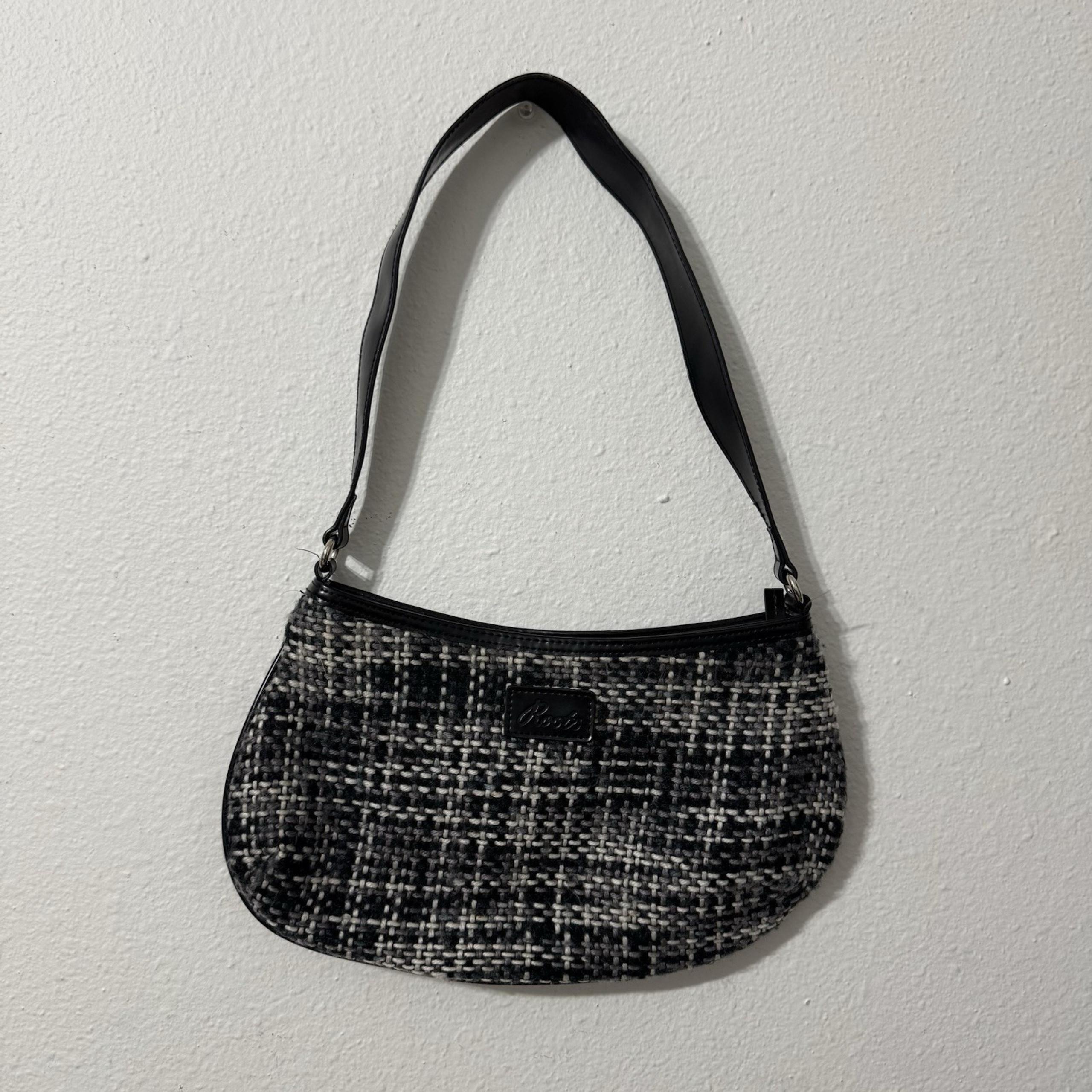 Roots Canada Black Gray White Tweed Mini Shoulder Purse Handbag Y2K Vintage