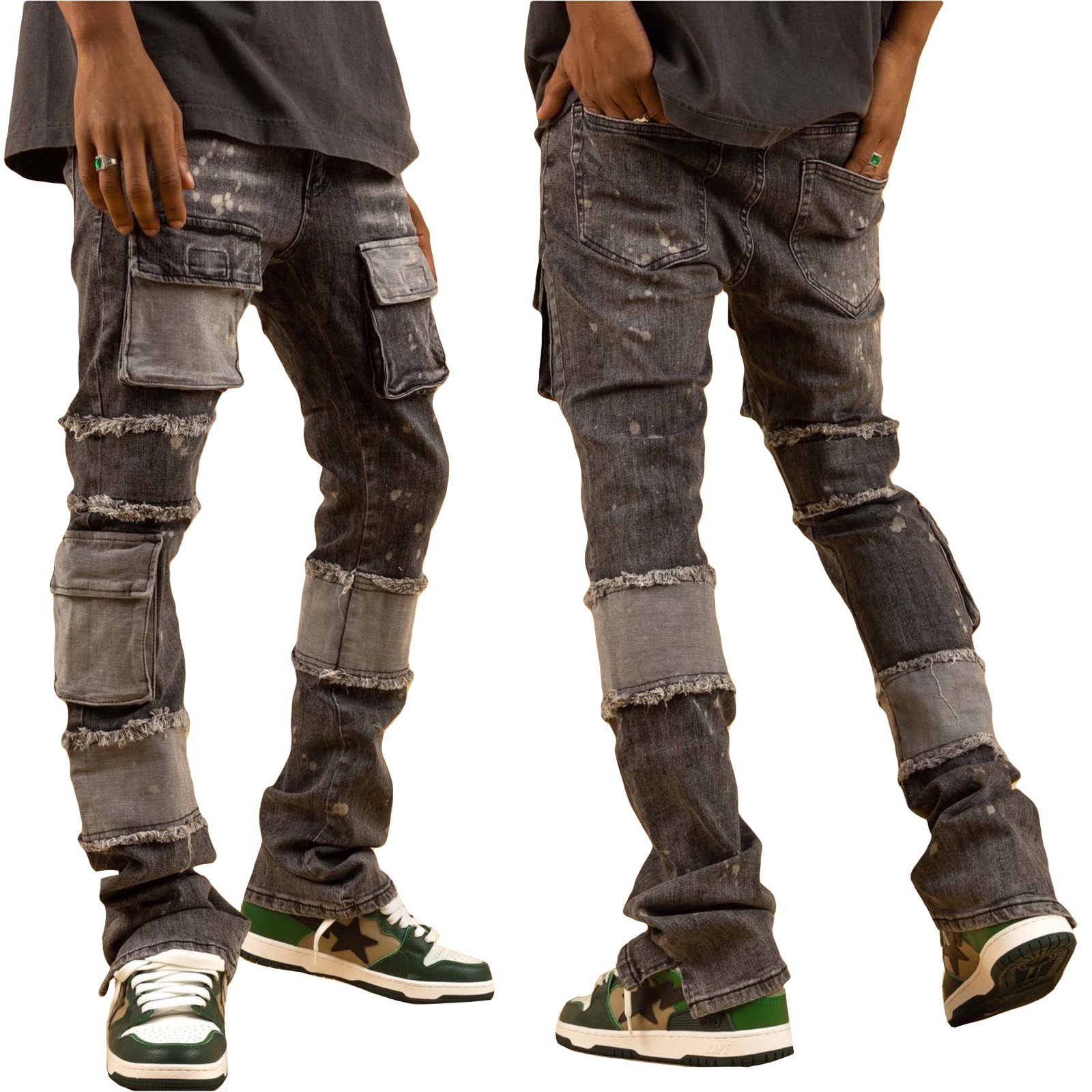 NWOT THRT Jeans Men 34 Grey Bleach Drop Raw Hem Patchwork Cargo Slim Stretch