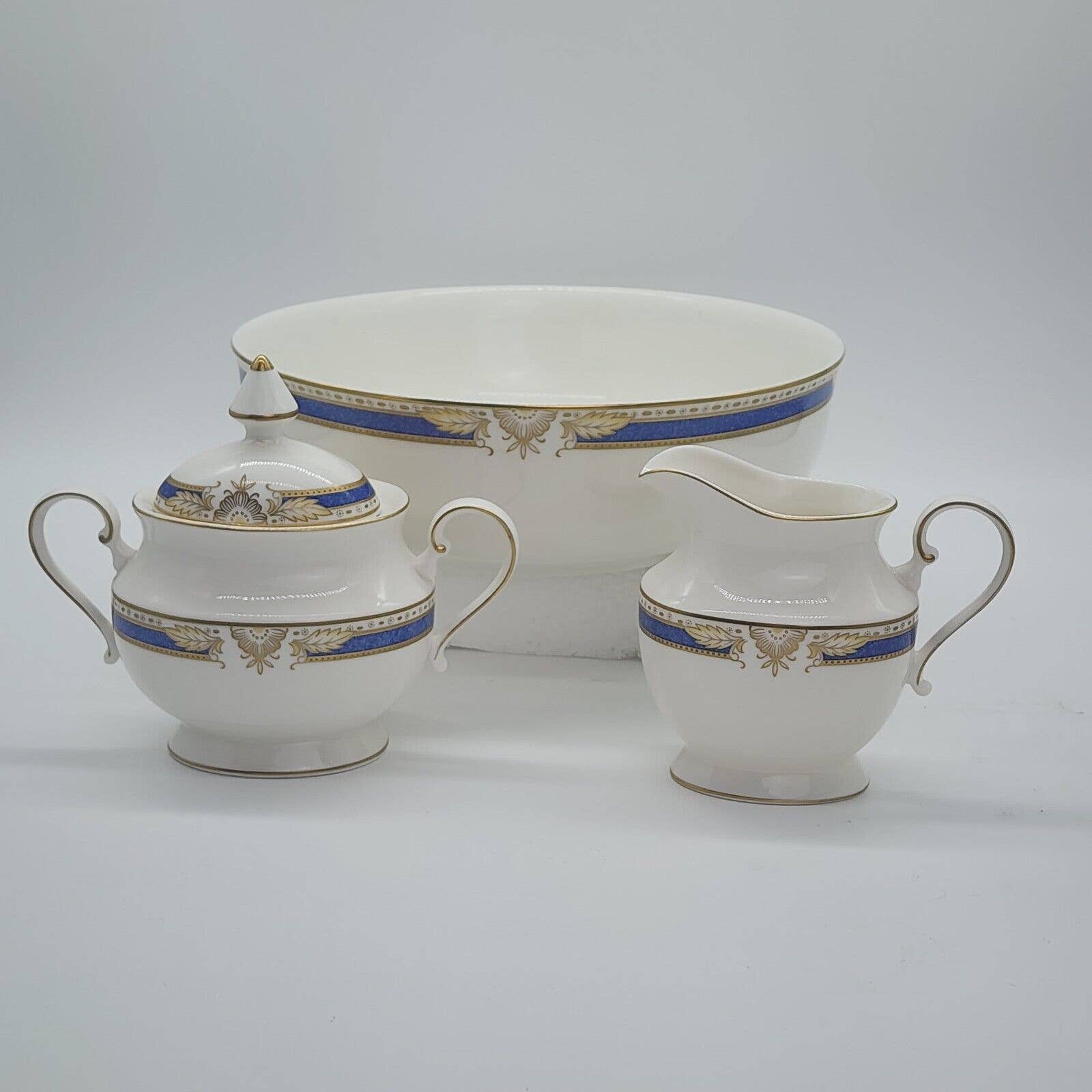 ♻️ Mikasa Blue Grimaldi Vegetable Bowl 9in / Sugar And Creamer Gold Rim 1980's