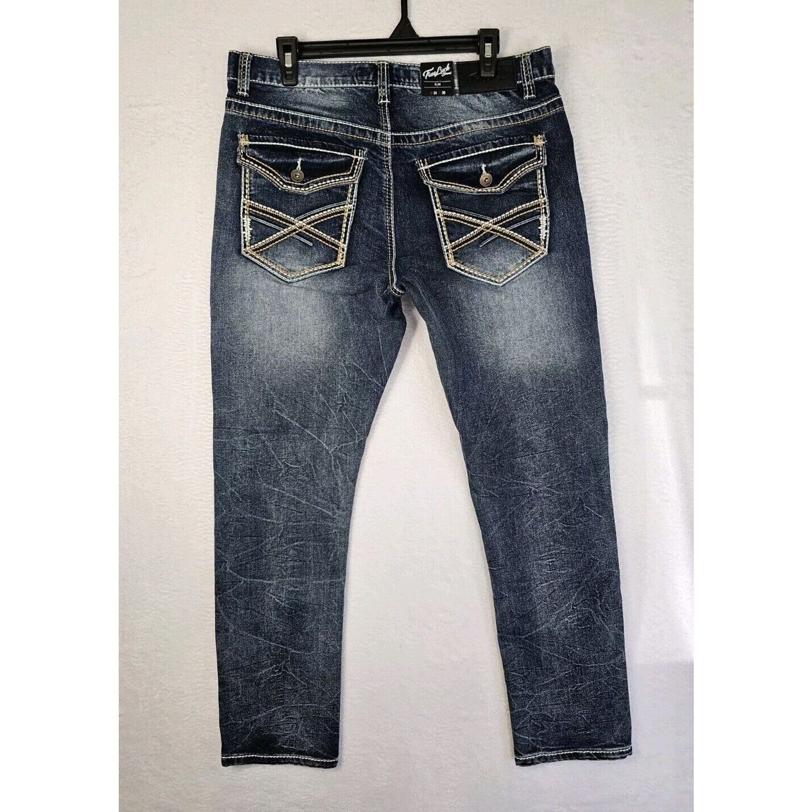 True Luck Jeans Slim Fit Men's Sz 34x30 Medium Wash Embroided Flap Pockets Nwt.