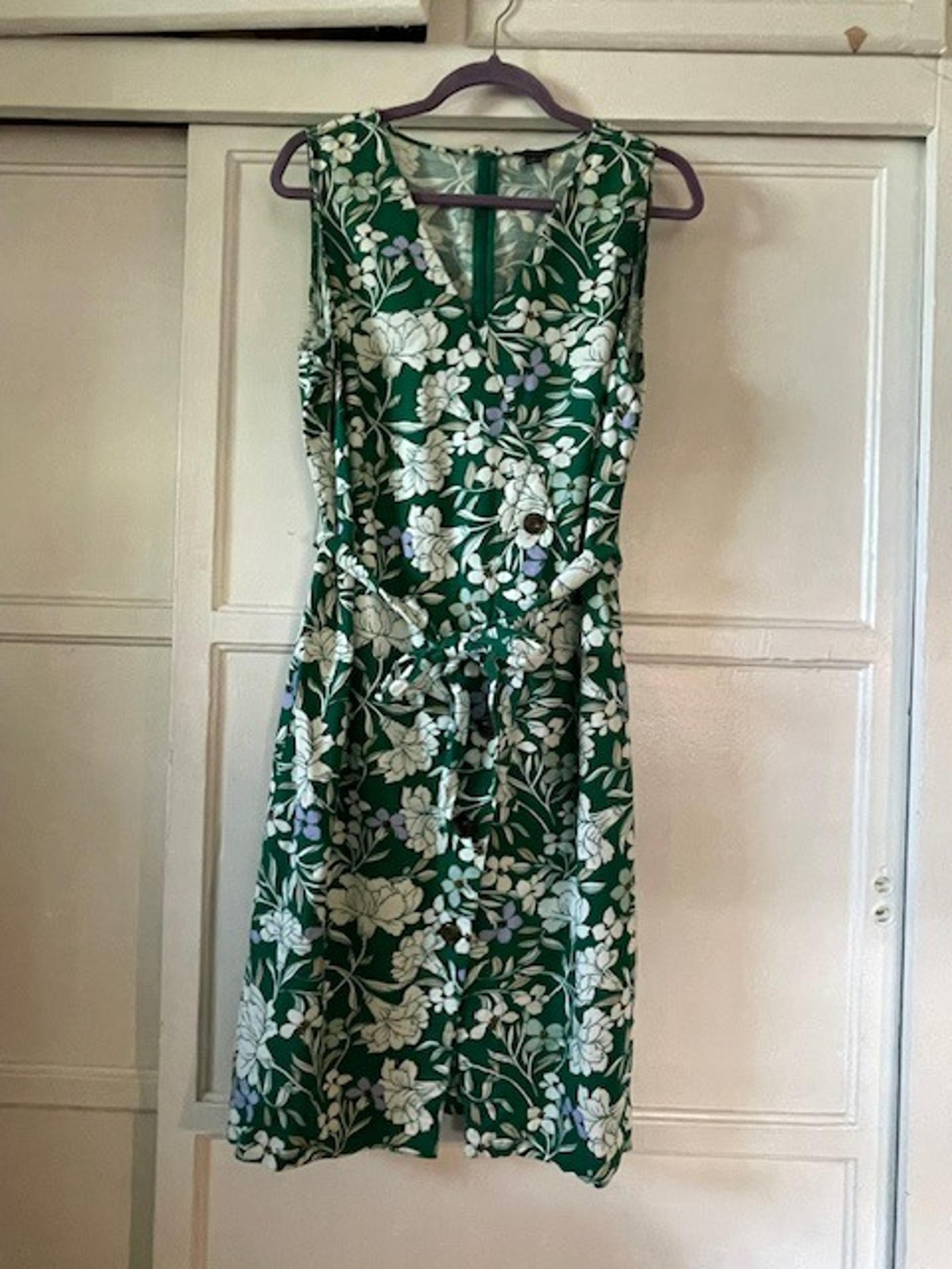 Ann Taylor Factory Sleeveless Dress Floral Green Women's Size 14 Buttons Tie Up