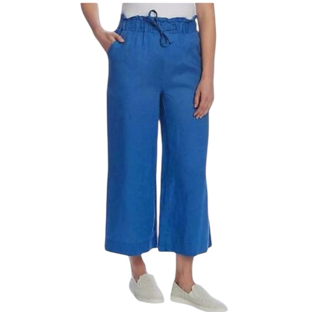 CLOTH & STONE BLUE LINEN DRAWSTRING WAIST WIDE LEG CROPPED PANTS SIZE L