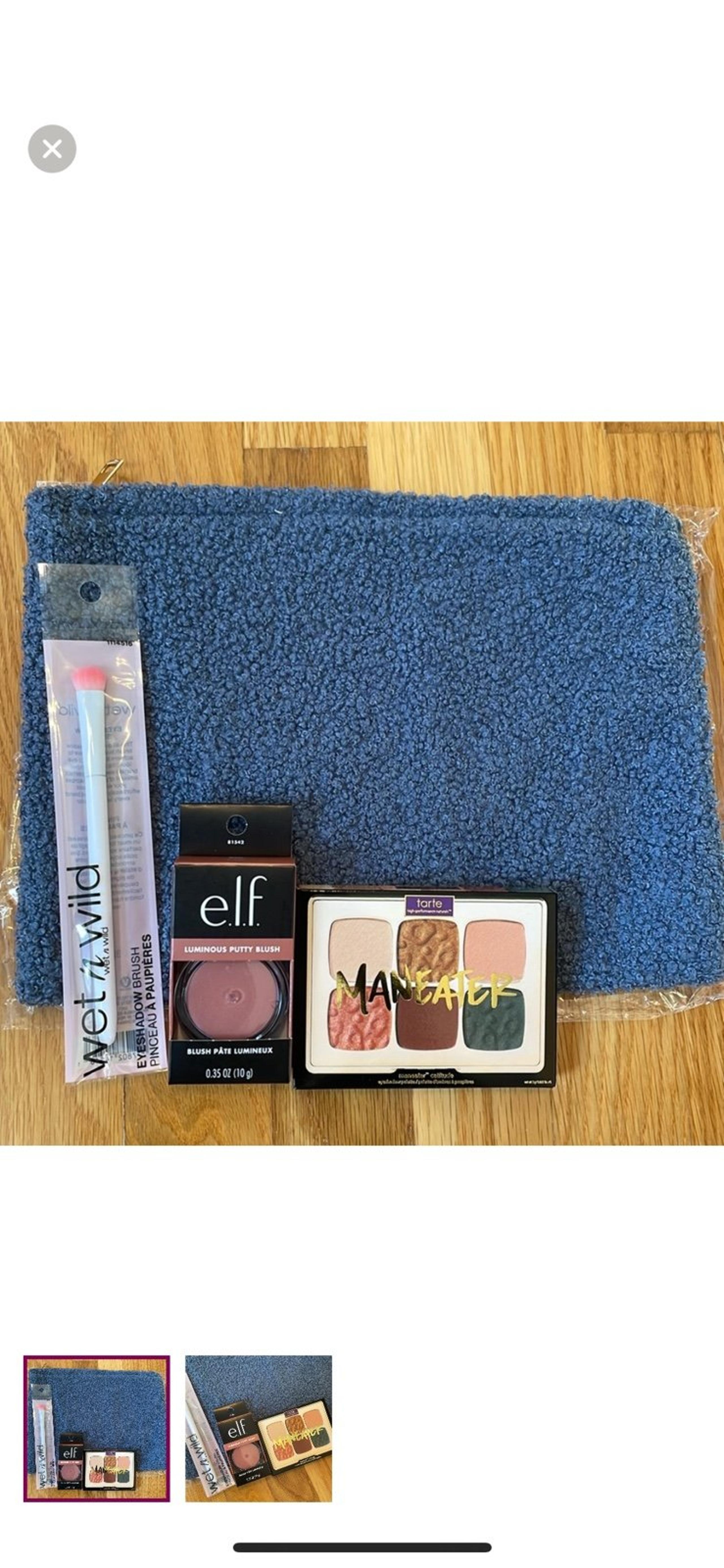 NWT New Blue Makeup Cosmetic Bag, elf Blush, Tarte Eyeshadow, Brush
