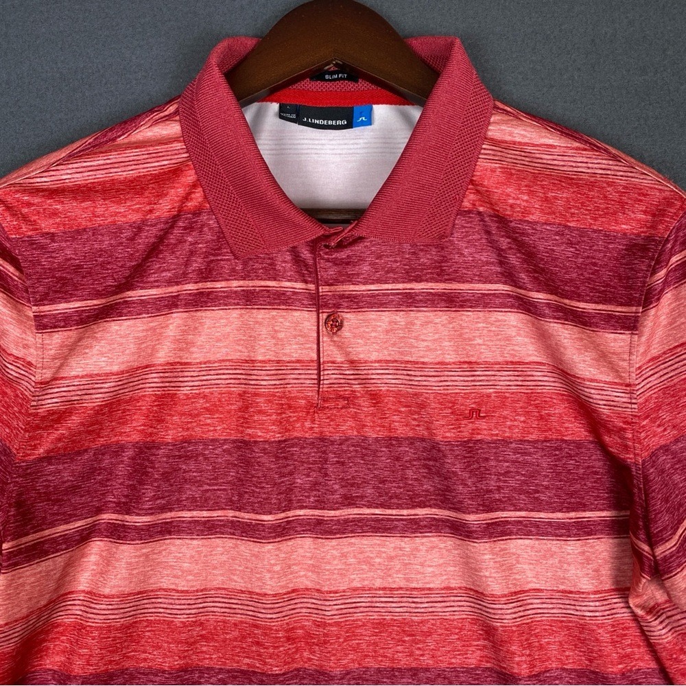 J. Lindeberg Performance Polo Shirt Men's Large Slim Fit Red Striped Golf