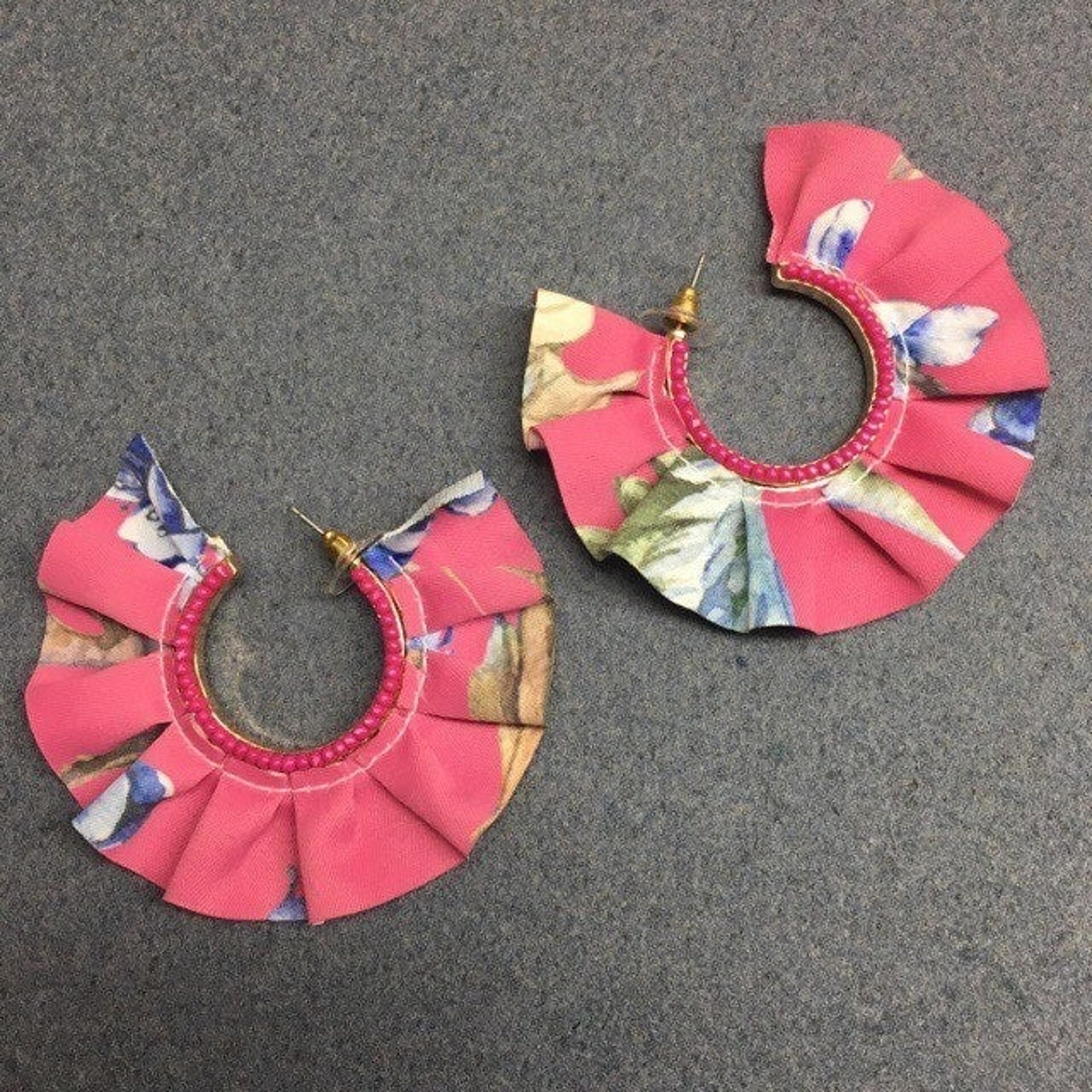 Ruffled Fabric Hoop Earrings Barbie Pierced Pink Gold Blue Beige Floral Retro