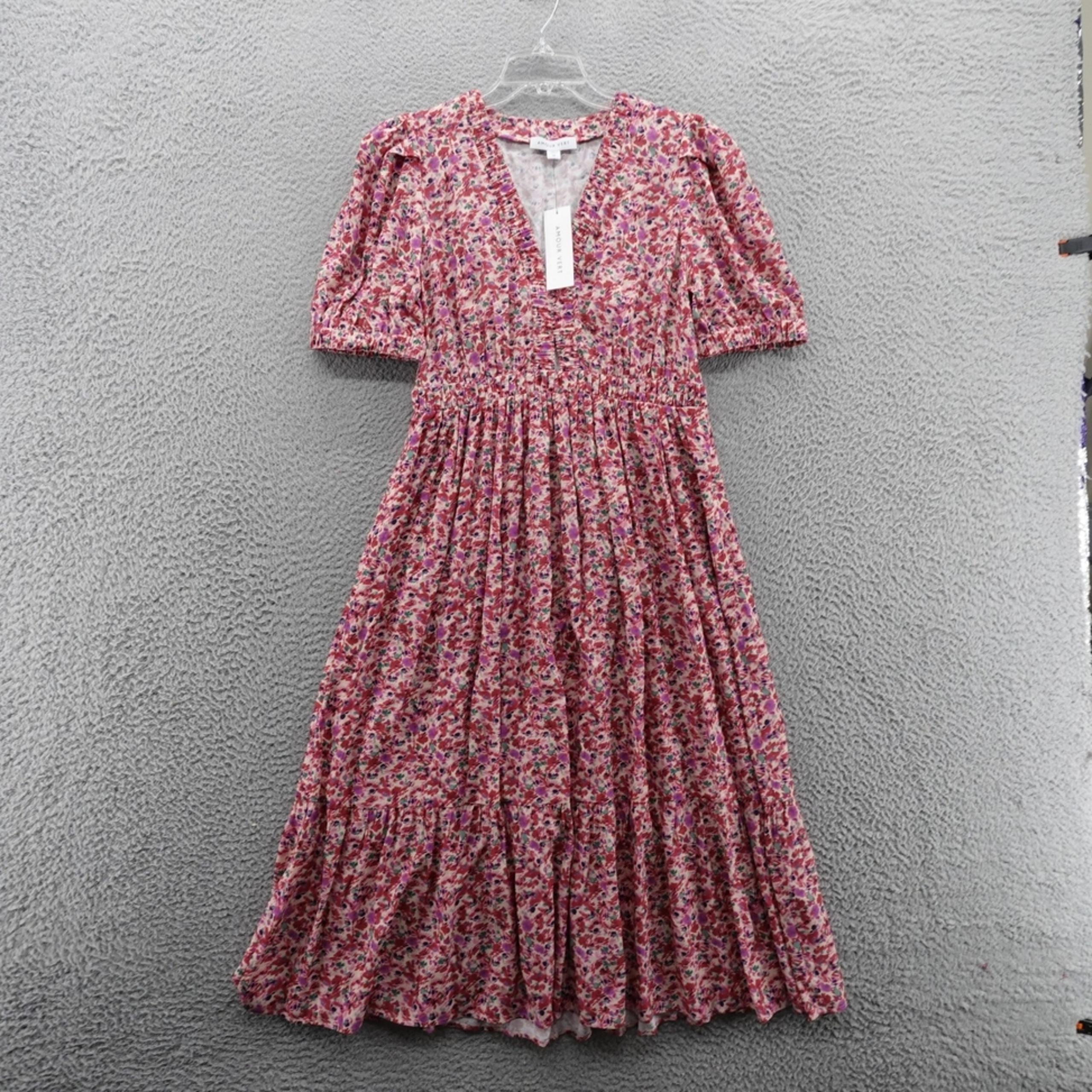 NWT Amour Vert Danielle Dress Pink Floral Size Medium Womens Puff Sleeve Midi