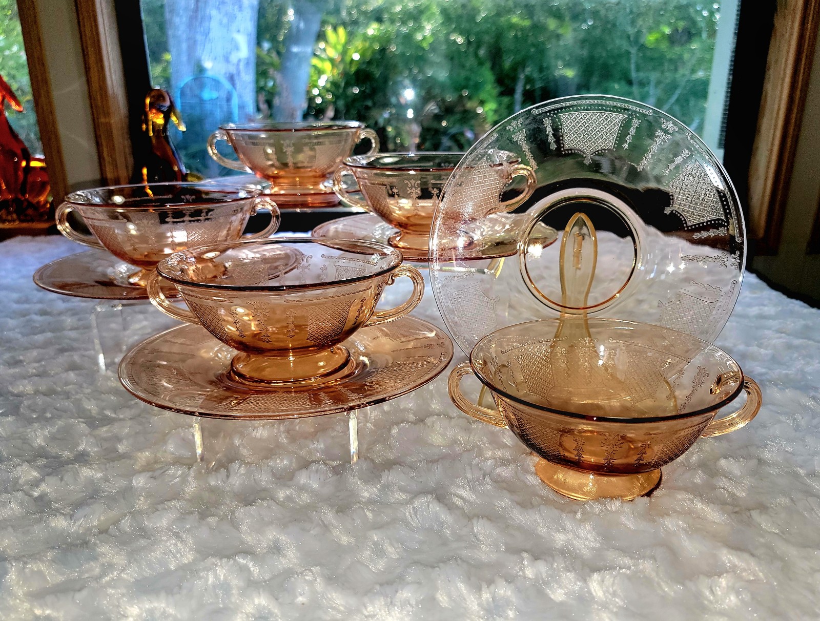 Fostoria Pioneer Beverly Etch in Amber. 5 Footed Cream Soup Bowls w/ Saucers