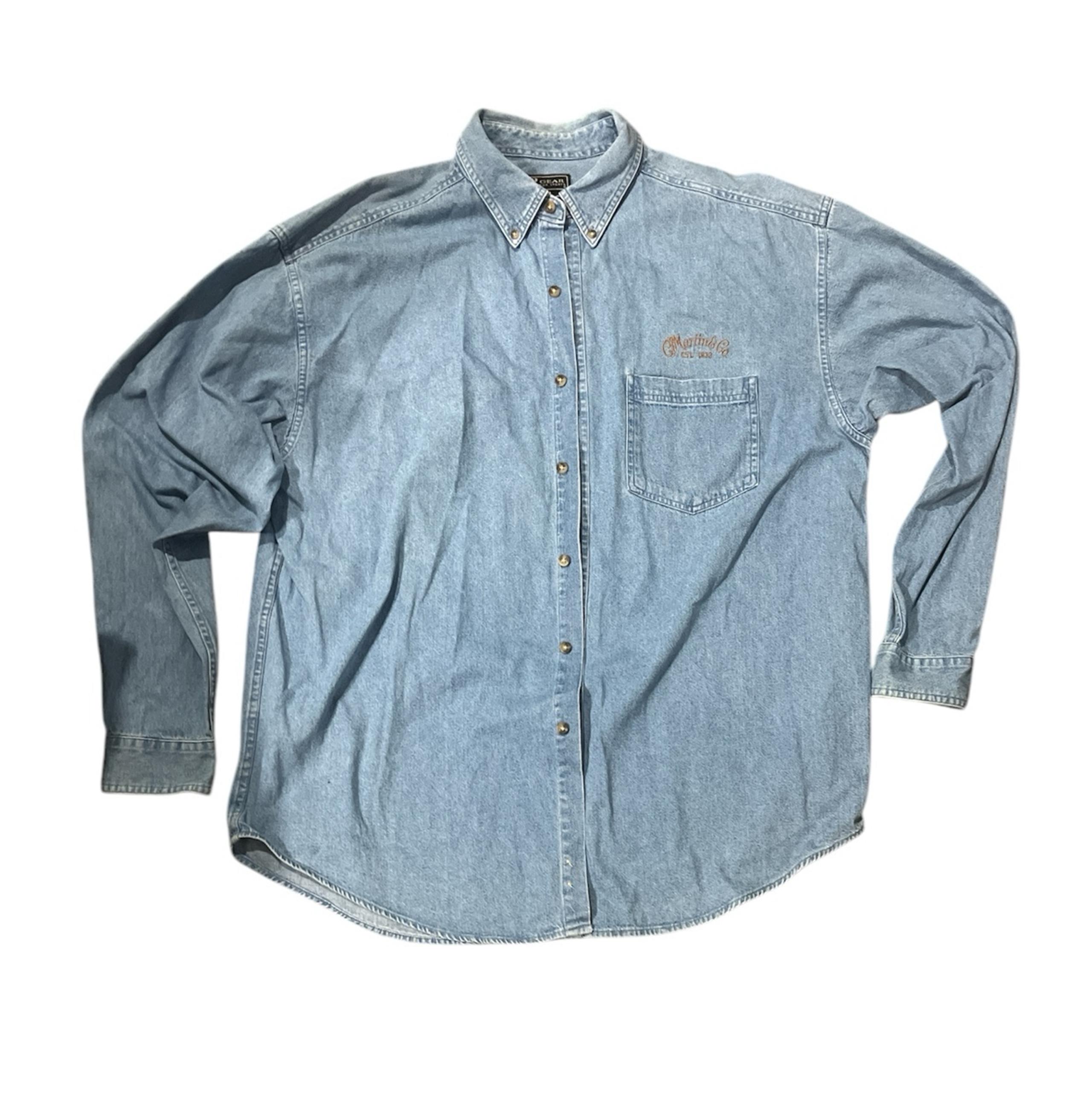 Cotton Denim Long Sleeve Button Down Shirt for Men with Martin Guitar Logo